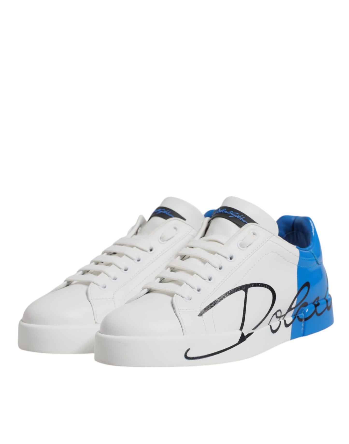 Dolce & Gabbana White & Blue Leather Logo Low Top Sneakers for Men