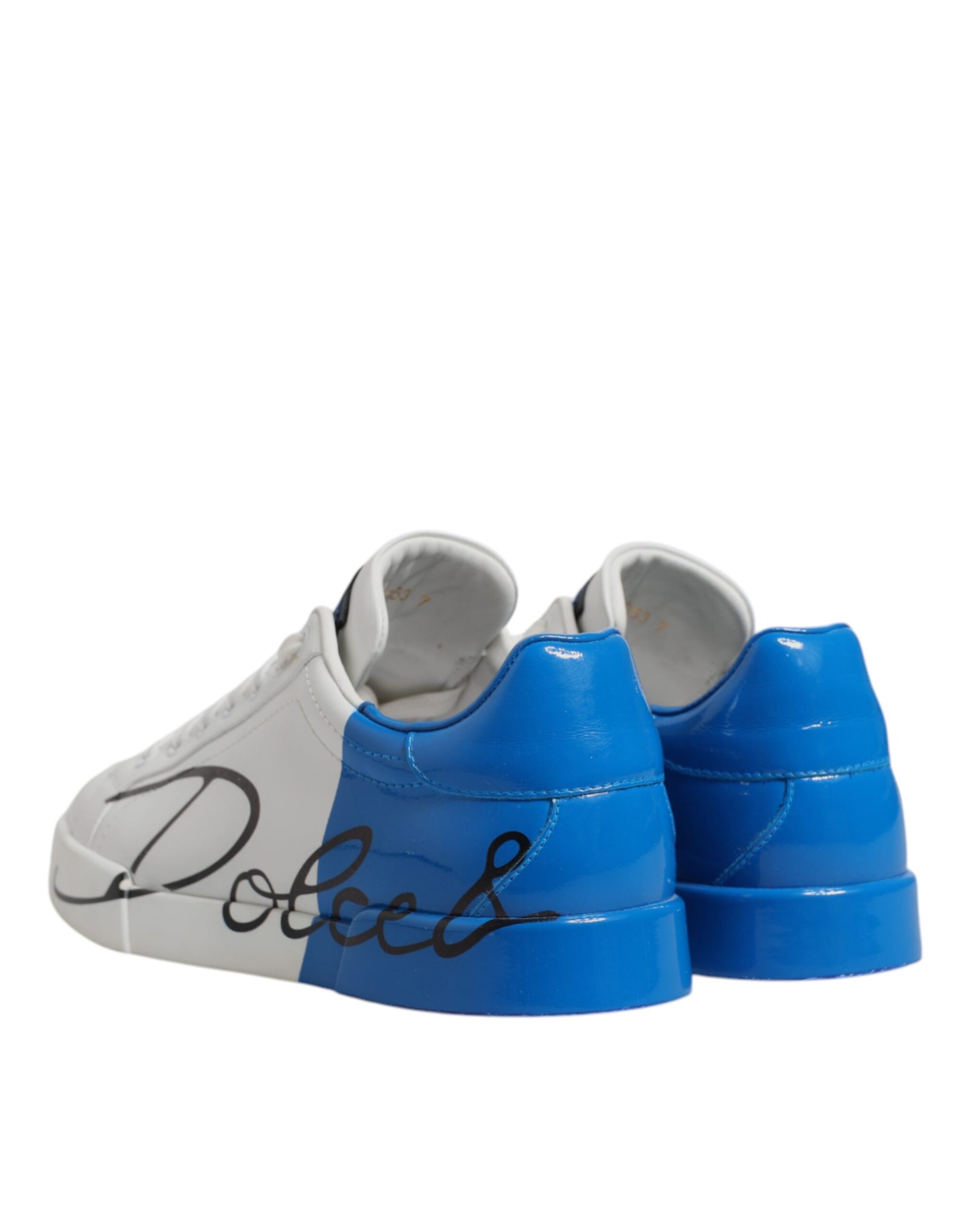 Dolce & Gabbana White & Blue Leather Logo Low Top Sneakers for Men