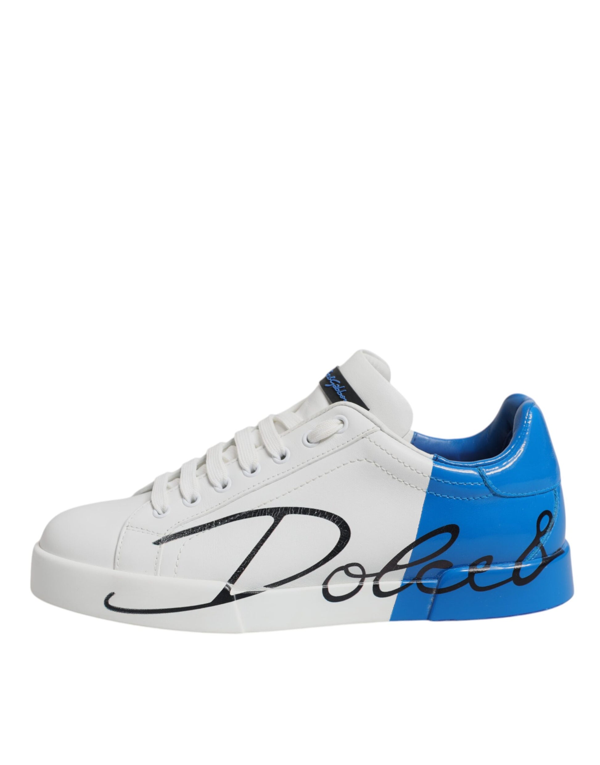 Dolce & Gabbana White & Blue Leather Logo Low Top Sneakers for Men
