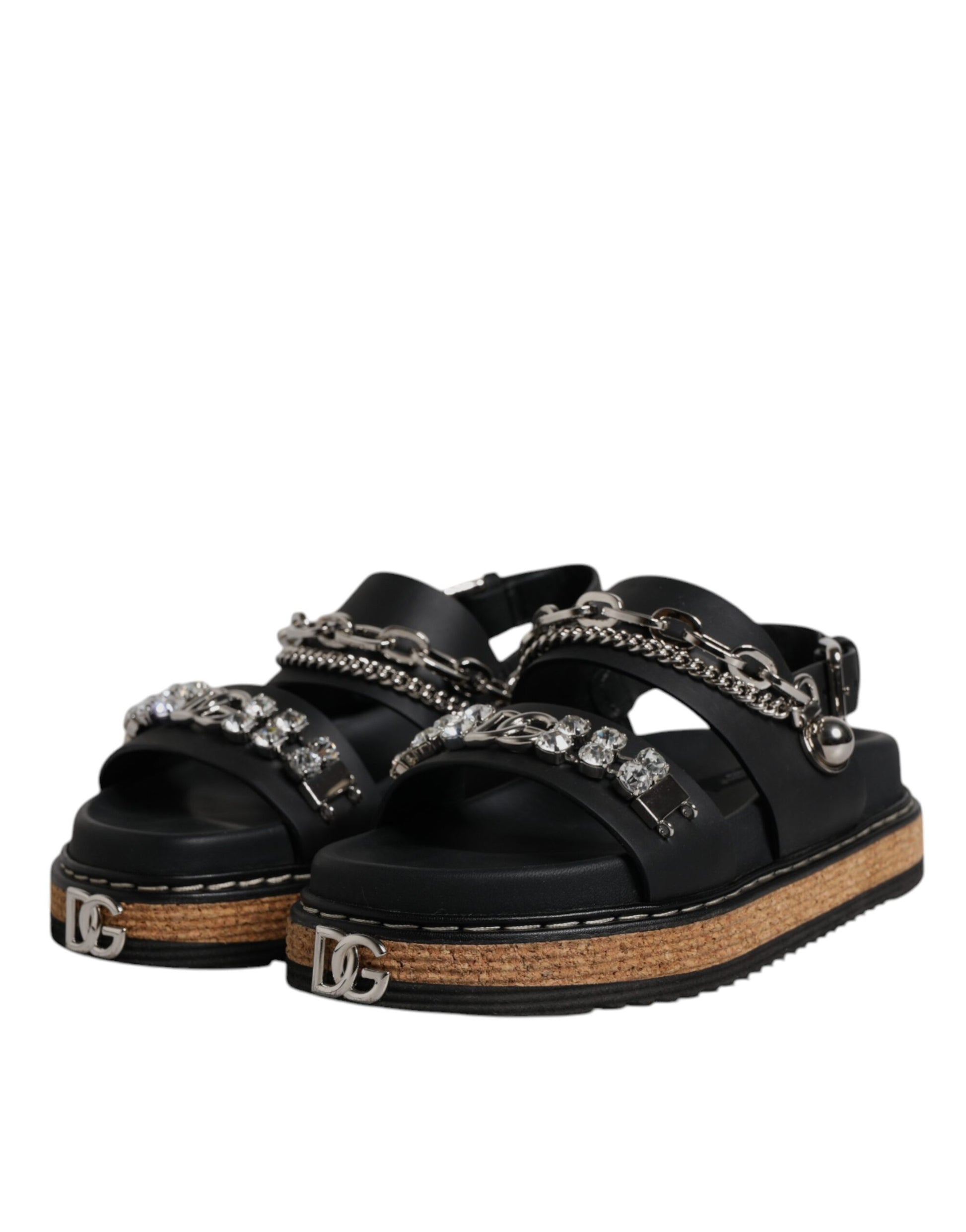 Dolce & Gabbana Black Crystal Embellished Strap Sandal Shoes