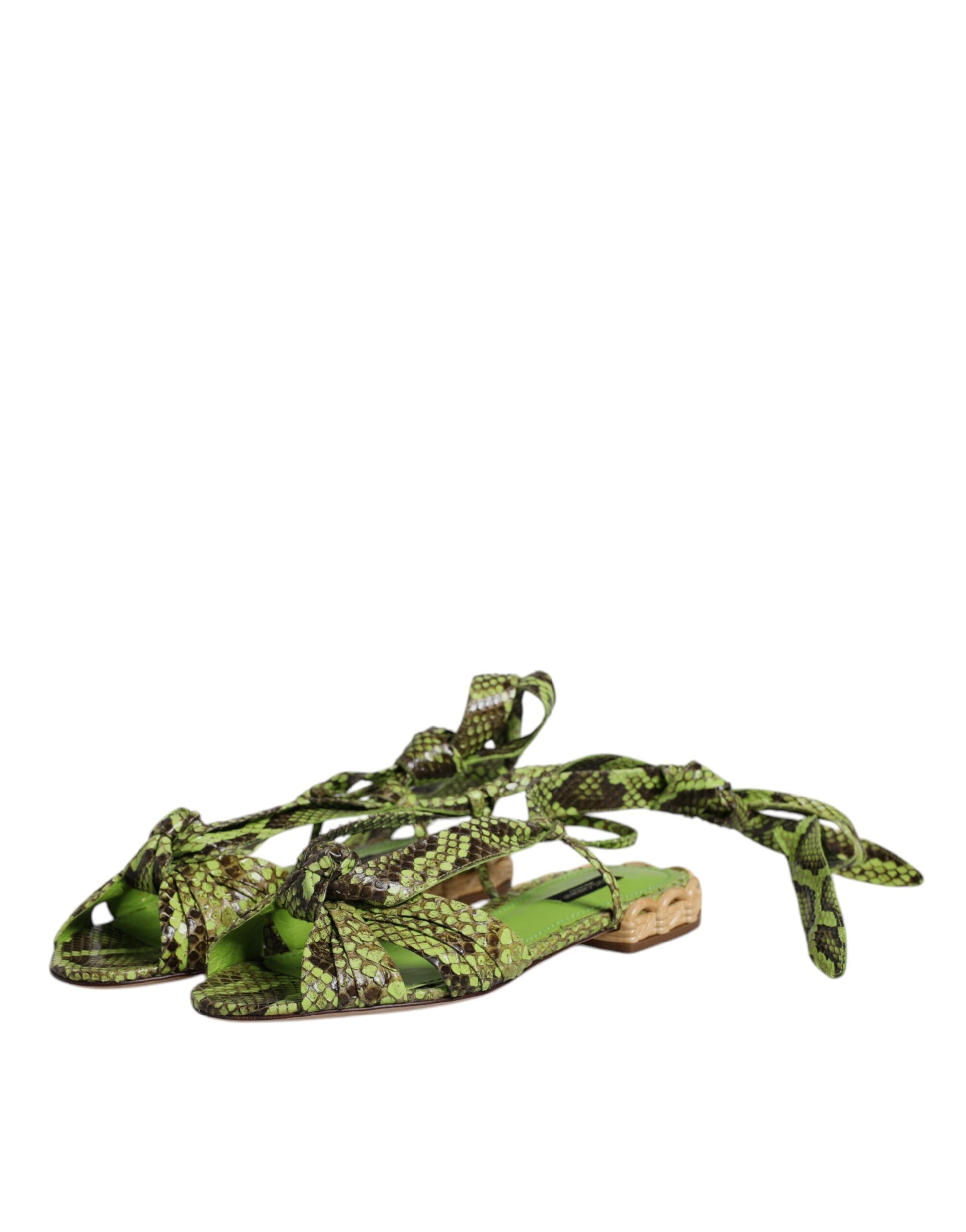 Dolce & Gabbana Green Animal Print Ankle Wrap Sandals