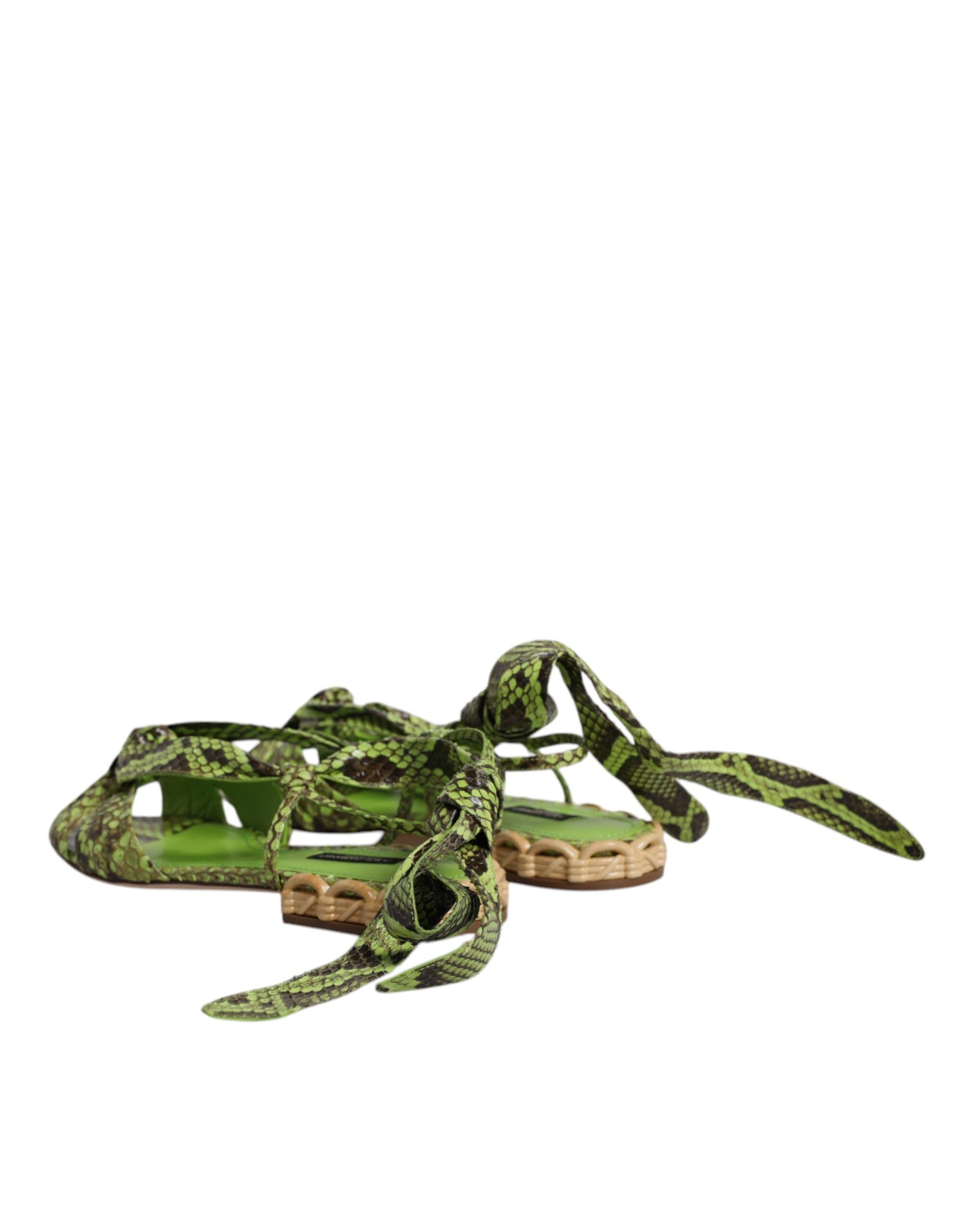Dolce & Gabbana Green Animal Print Ankle Wrap Sandals
