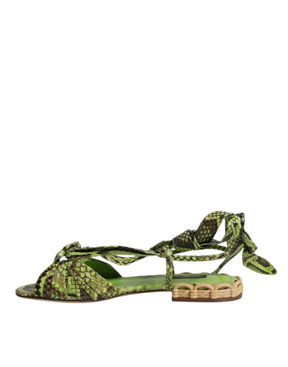 Dolce & Gabbana Green Animal Print Ankle Wrap Sandals