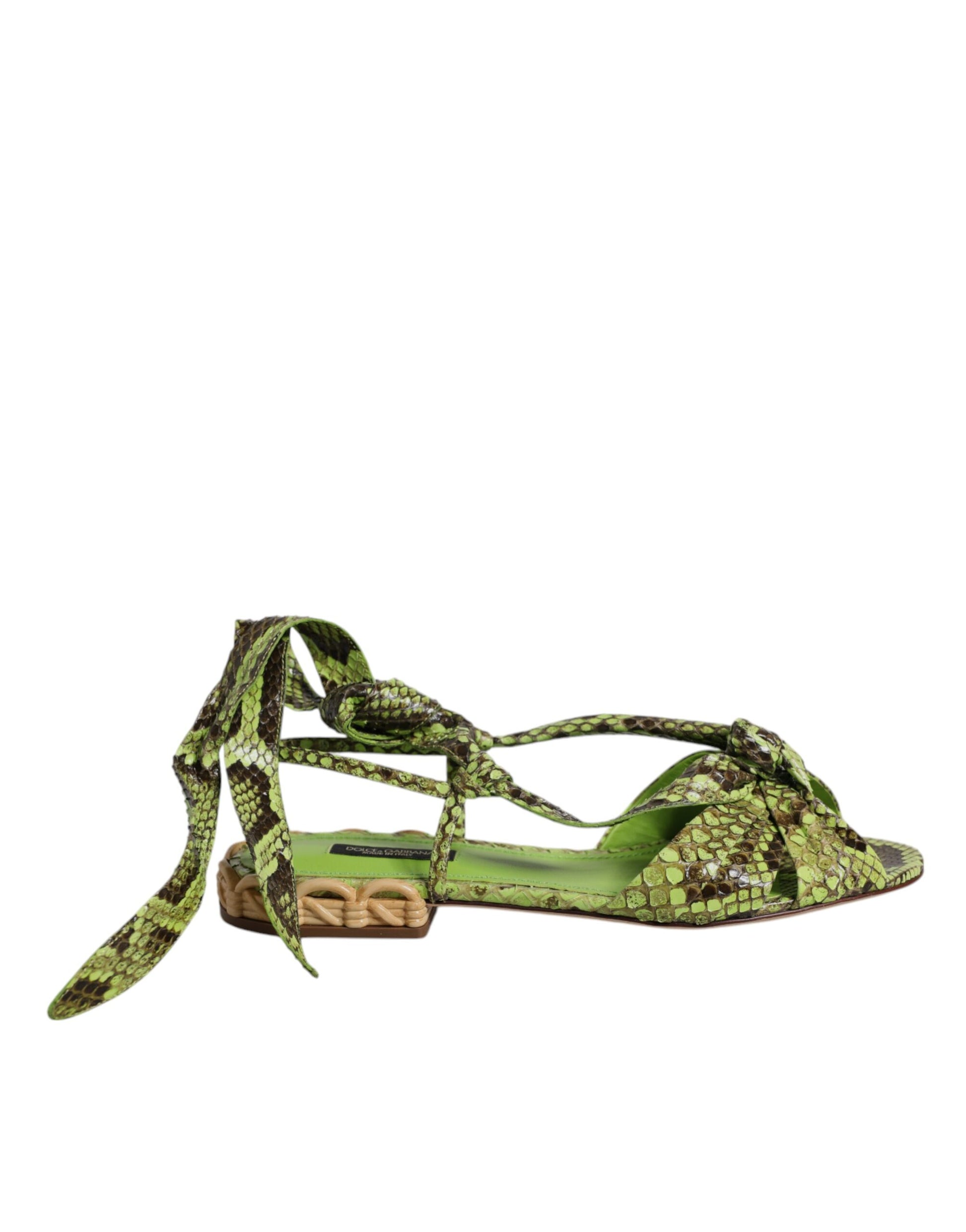 Dolce & Gabbana Green Animal Print Ankle Wrap Sandals