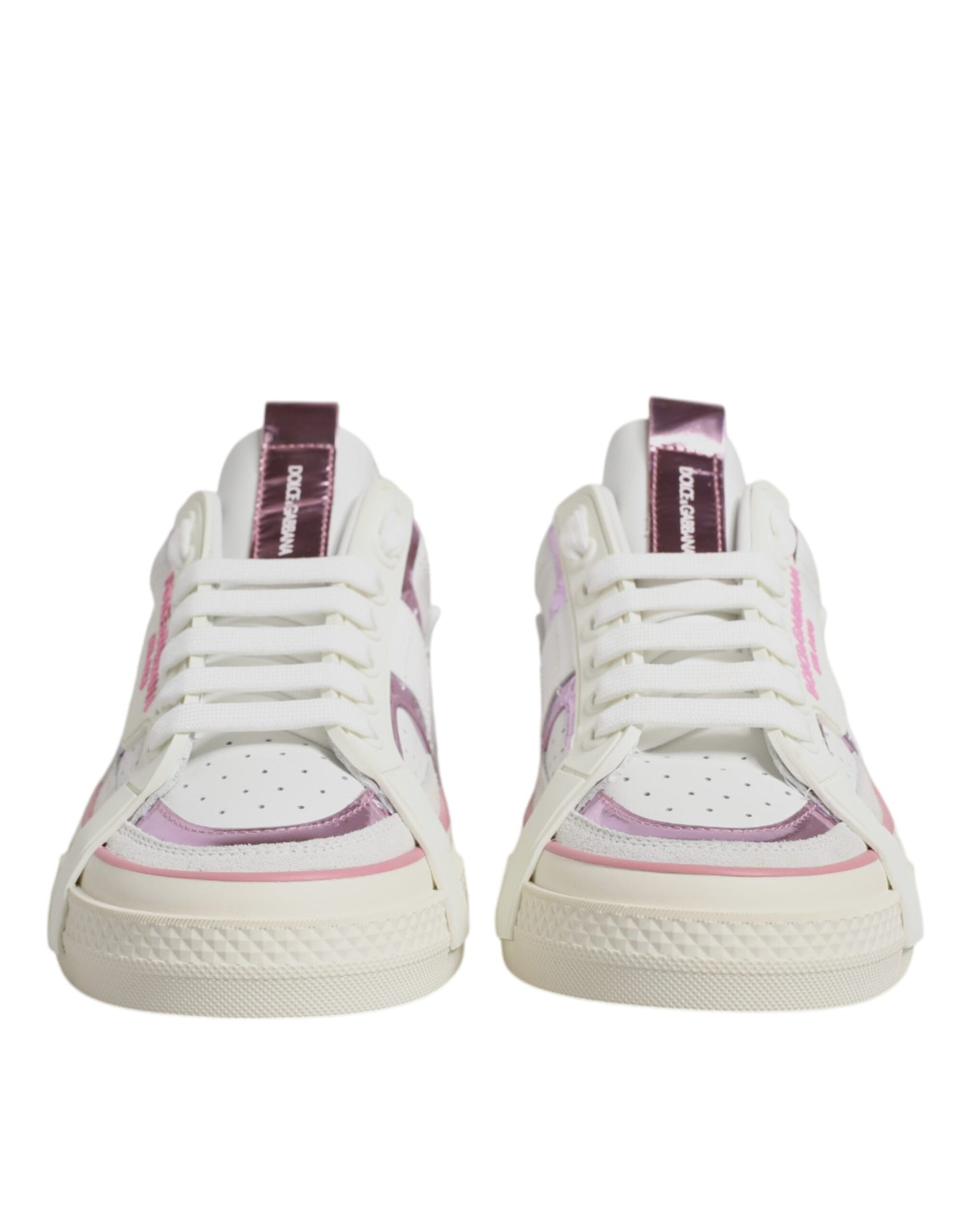 Dolce & Gabbana White & Pink Leather Low Top Sneakers for Women