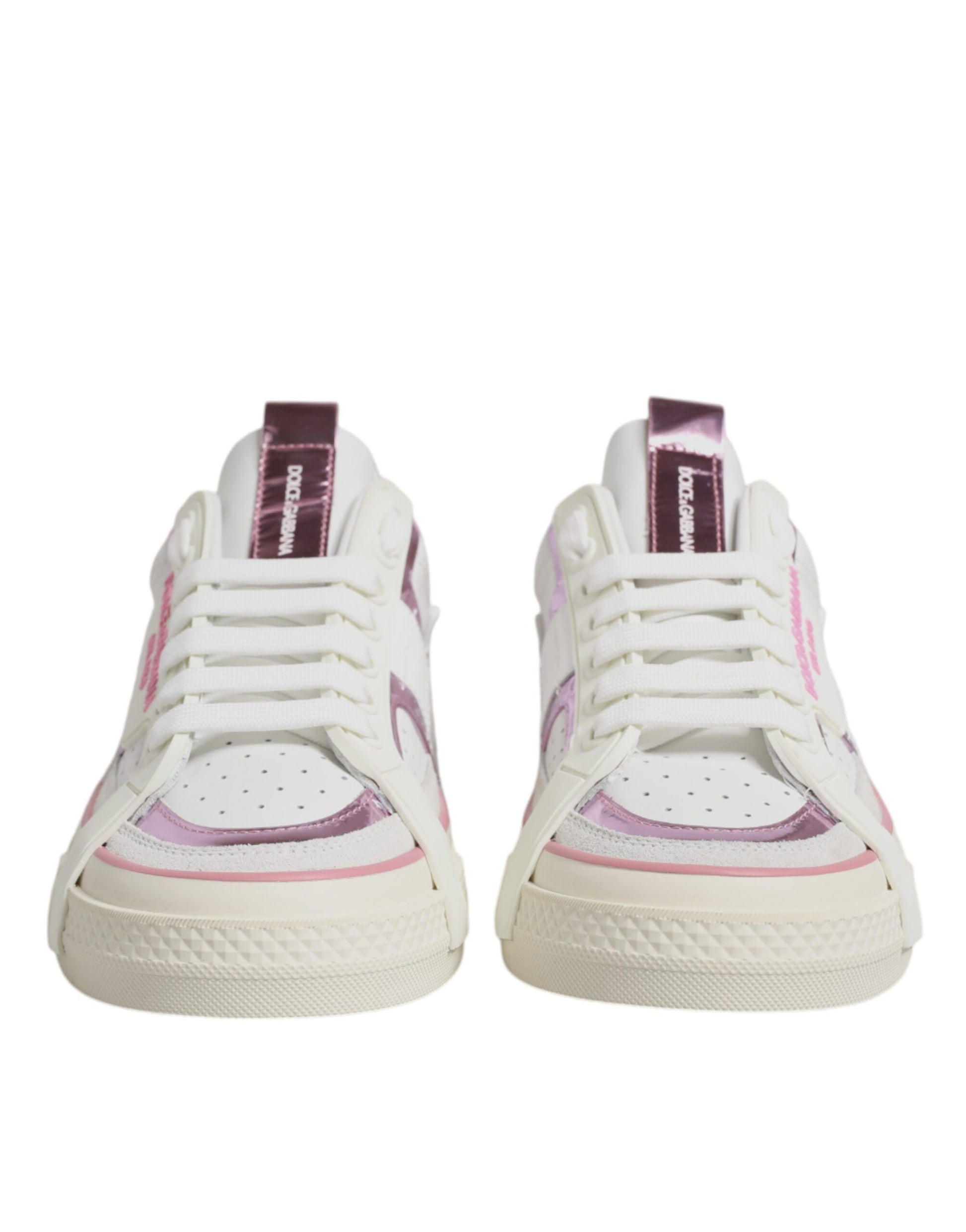 Dolce & Gabbana White & Pink Leather Low Top Sneakers for Women