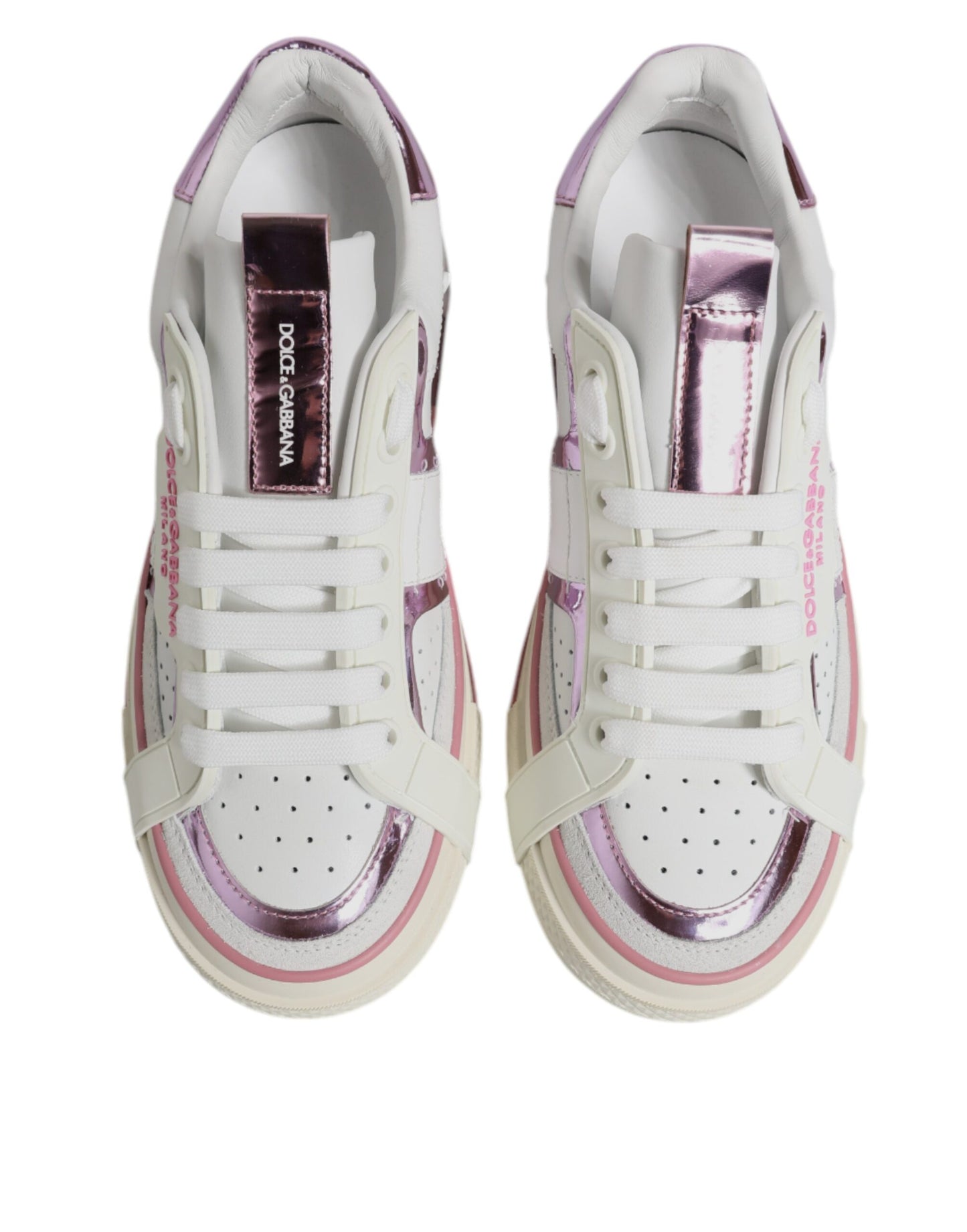 Dolce & Gabbana White & Pink Leather Low Top Sneakers for Women