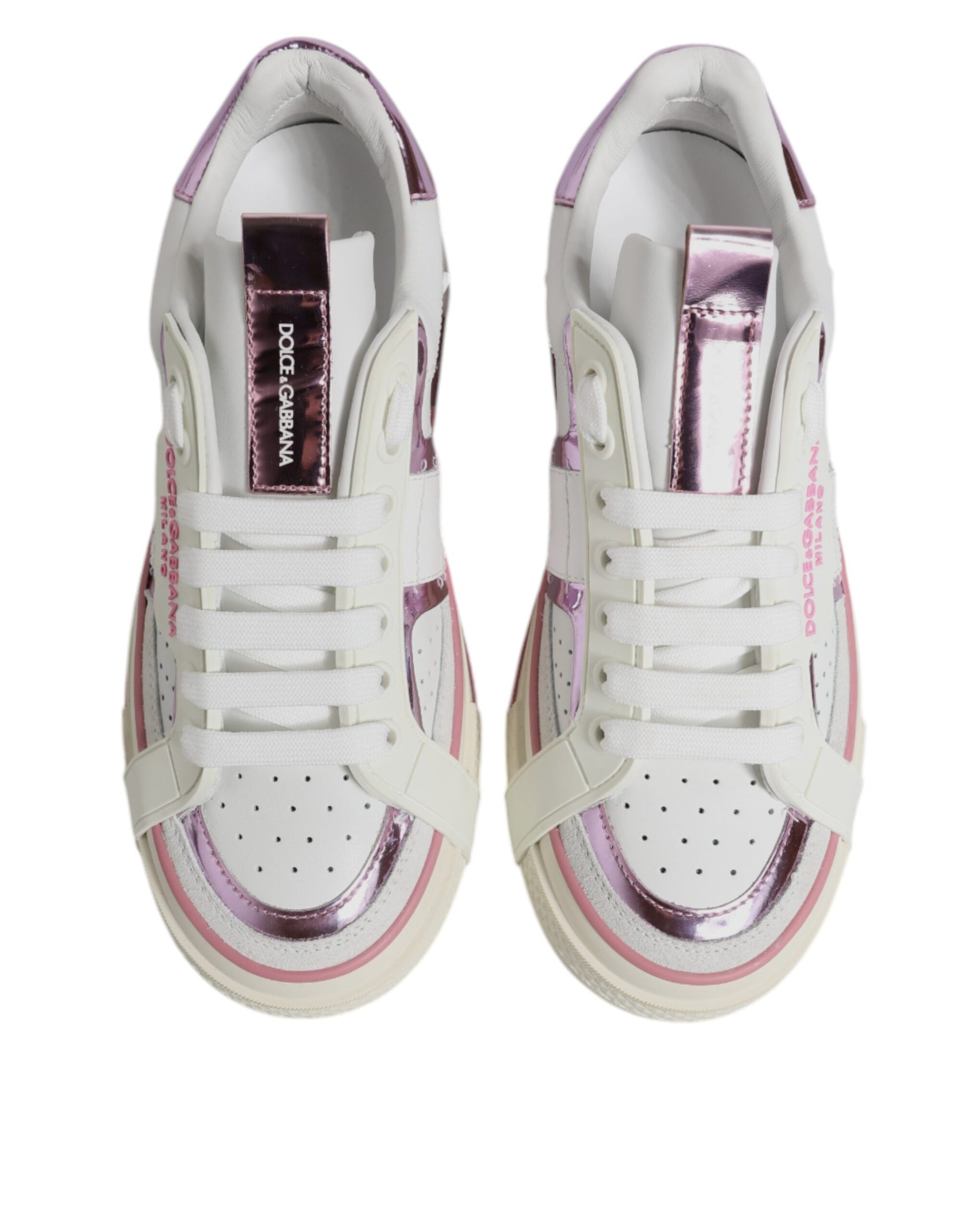 Dolce & Gabbana White & Pink Leather Low Top Sneakers for Women