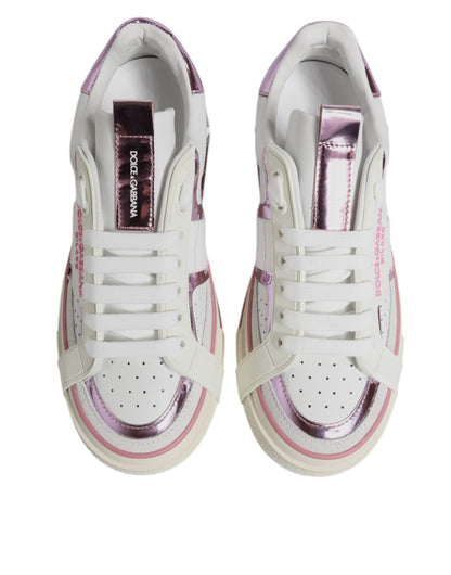 Dolce & Gabbana White & Pink Leather Low Top Sneakers for Women
