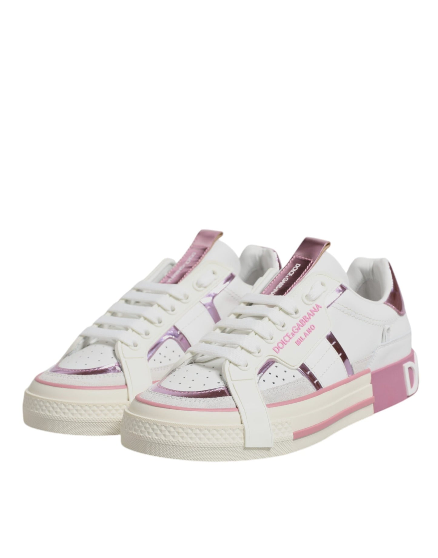 Dolce & Gabbana White & Pink Leather Low Top Sneakers for Women