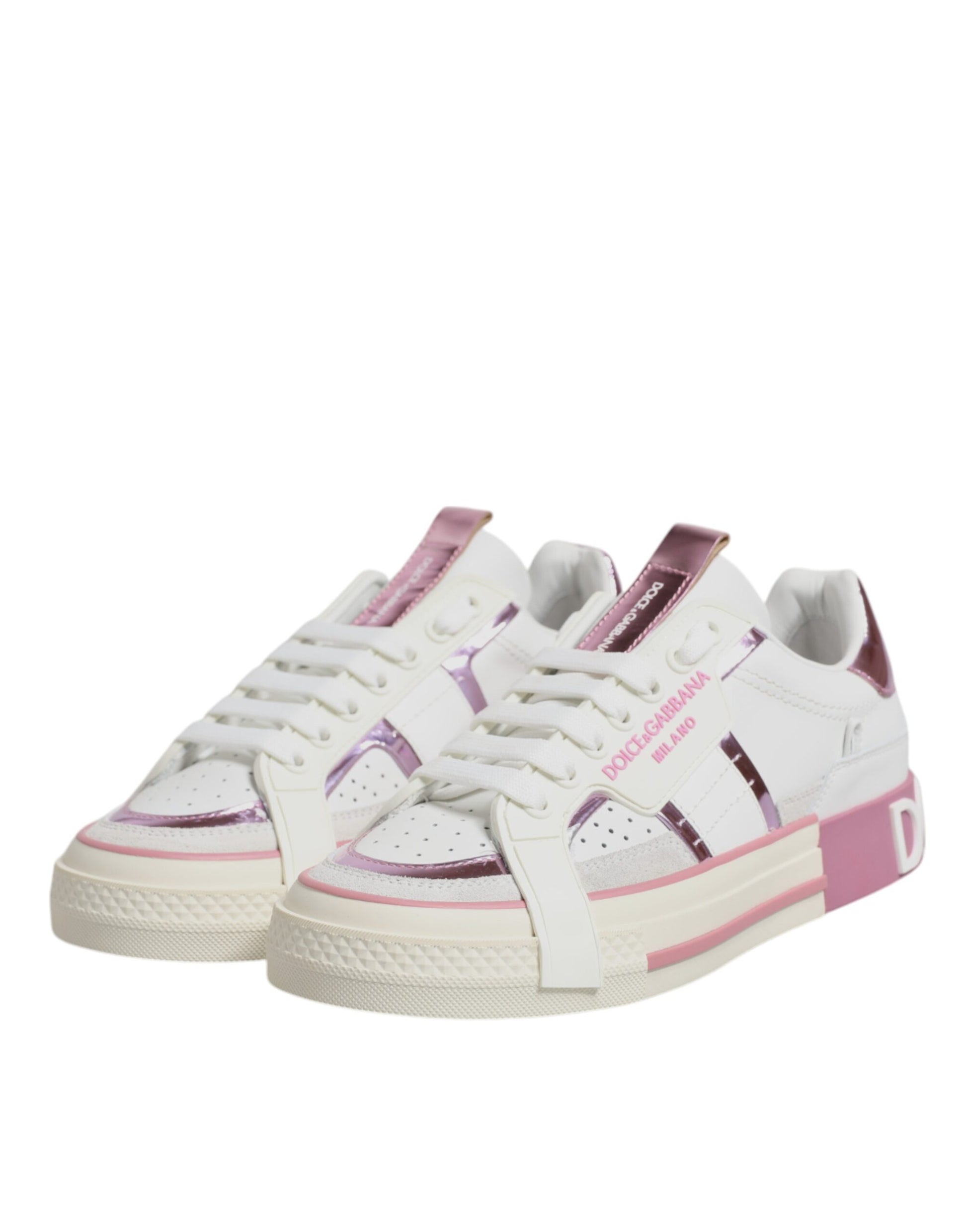 Dolce & Gabbana White & Pink Leather Low Top Sneakers for Women