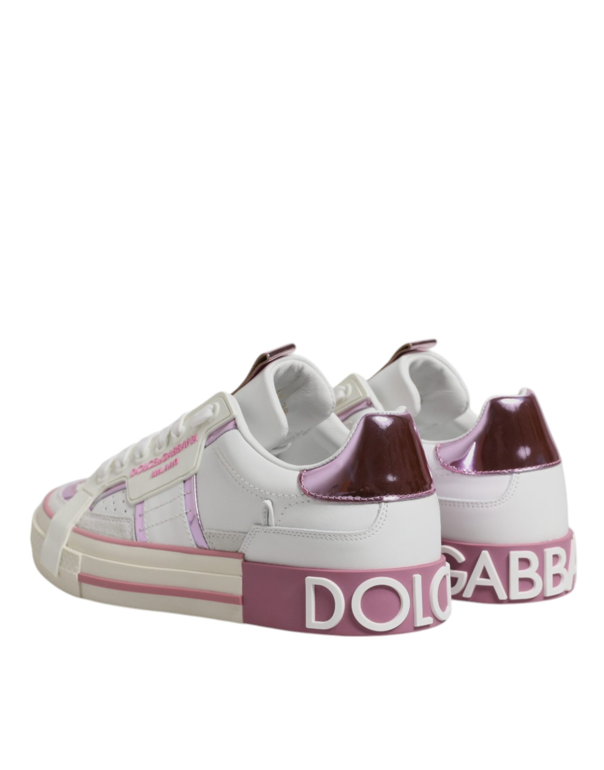 Dolce & Gabbana White & Pink Leather Low Top Sneakers for Women