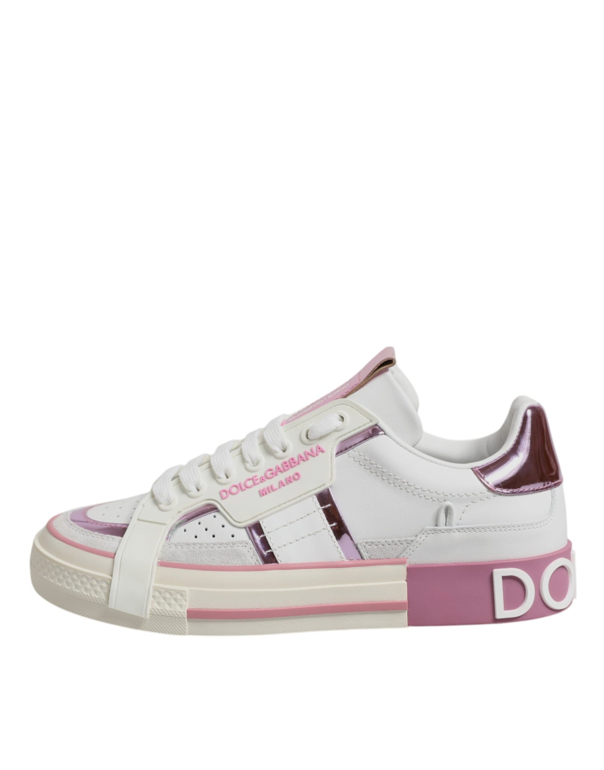 Dolce & Gabbana White & Pink Leather Low Top Sneakers for Women
