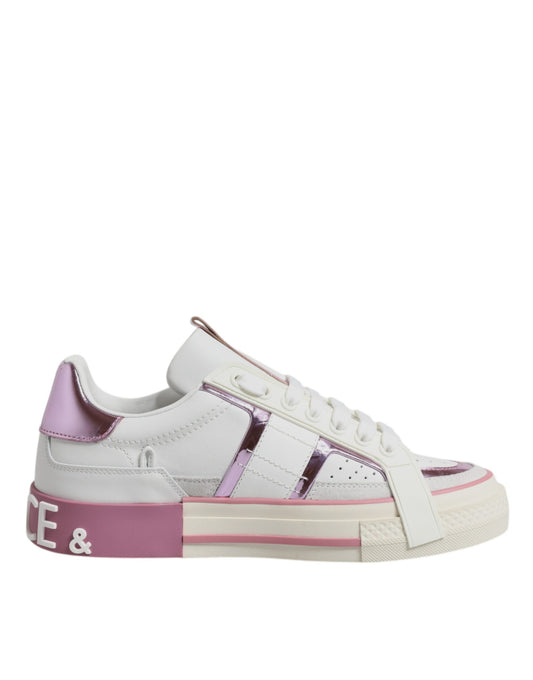 Dolce & Gabbana White & Pink Leather Low Top Sneakers for Women