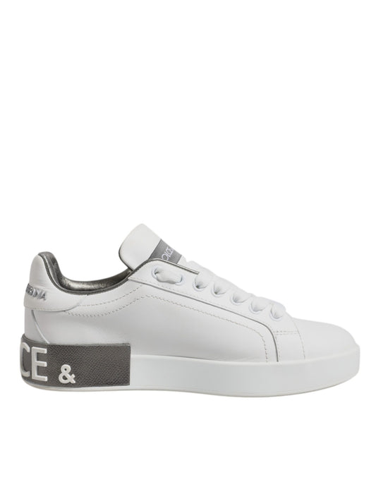 Dolce & Gabbana White Gray Leather Low Top Sneakers