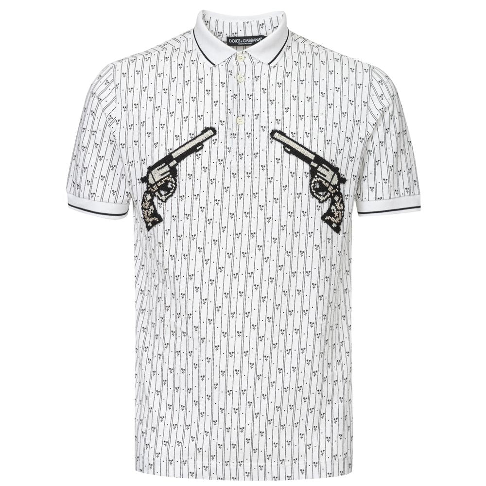 Dolce & Gabbana White Cotton Polo Shirt with Allover Print