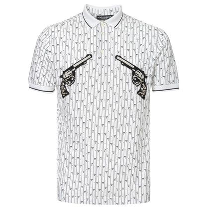 Dolce & Gabbana White Cotton Polo Shirt with Allover Print