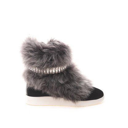 Giuseppe Zanotti Black Neoprene Chunky Sneakers with Fur and Crystals