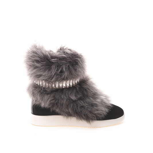 Giuseppe Zanotti Black Neoprene Chunky Sneakers with Fur and Crystals