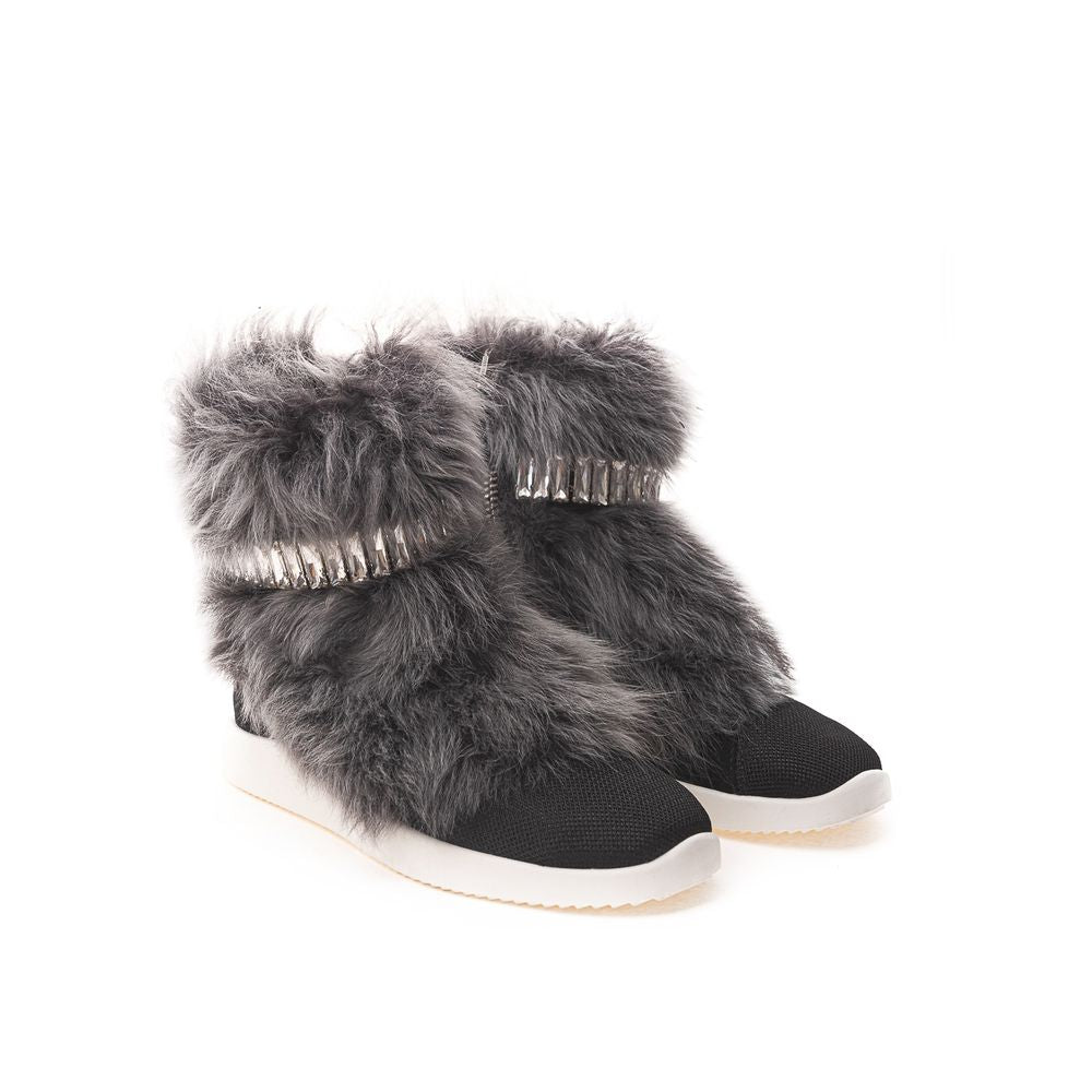 Giuseppe Zanotti Black Neoprene Chunky Sneakers with Fur and Crystals