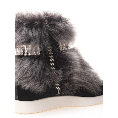 Giuseppe Zanotti Black Neoprene Chunky Sneakers with Fur and Crystals