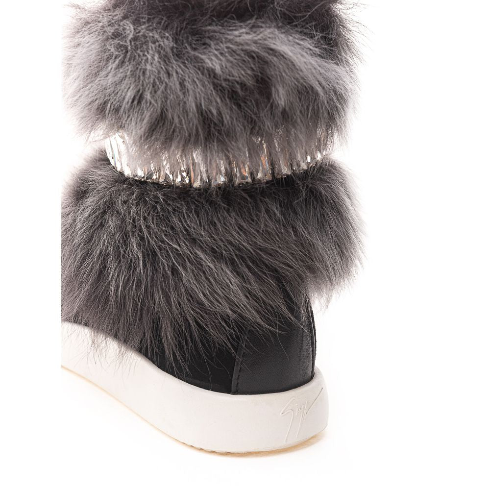Giuseppe Zanotti Black Neoprene Chunky Sneakers with Fur and Crystals