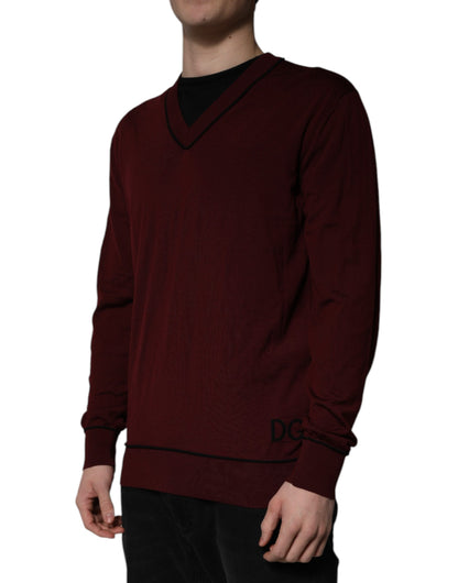 Dolce & Gabbana Maroon Cashmere V-neck Men Pullover Sweater