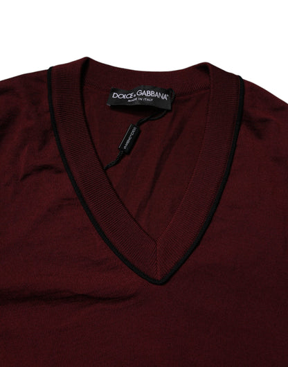 Dolce & Gabbana Maroon Cashmere V-neck Men Pullover Sweater