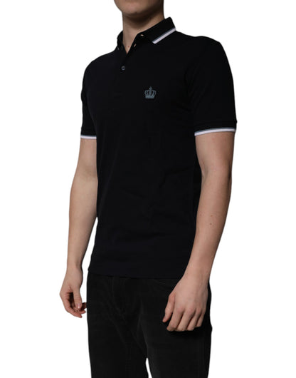 Dolce & Gabbana Black Cotton Crown Collared Polo T-shirt