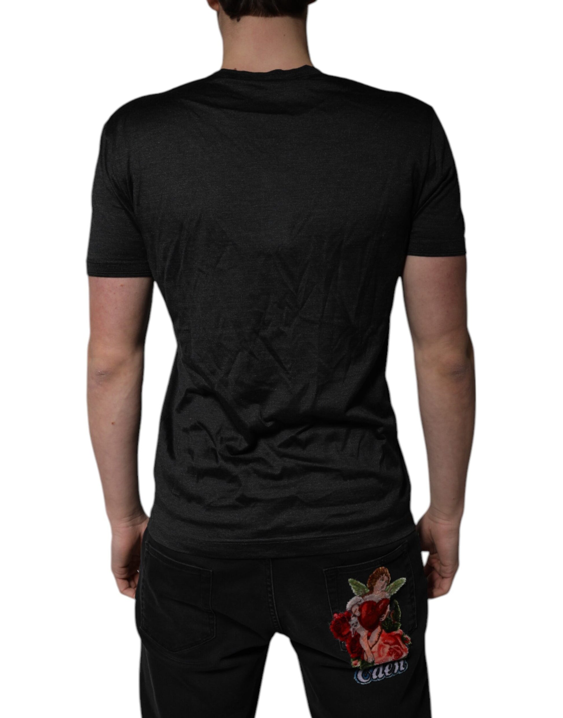 Dolce & Gabbana Dark Gray Silk V-neck Short Sleeves T-shirt