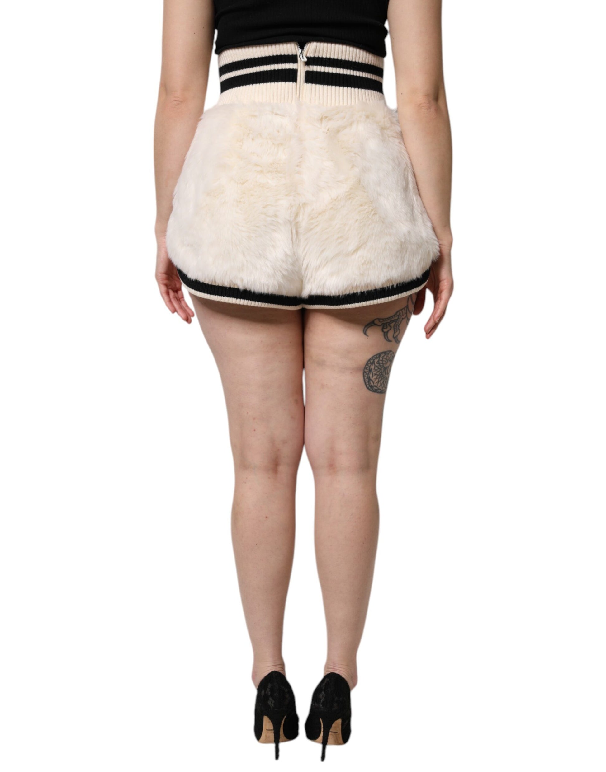 Dolce & Gabbana White Faux Fur High Waisted Hot Pants Shorts