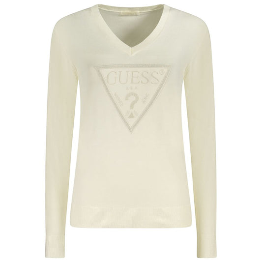 Guess Jeans White Long Sleeved V-Neck Jumper for Women