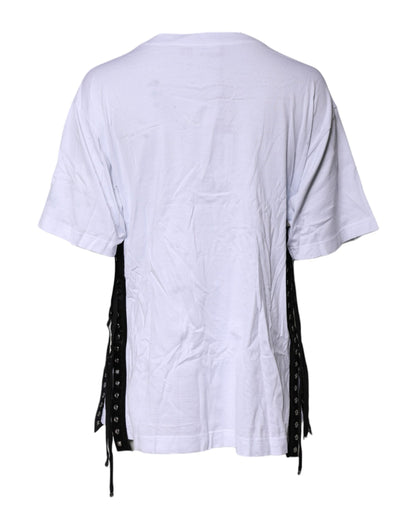 Dolce & Gabbana White Print Lace-Up Cotton Crew Neck T-shirt