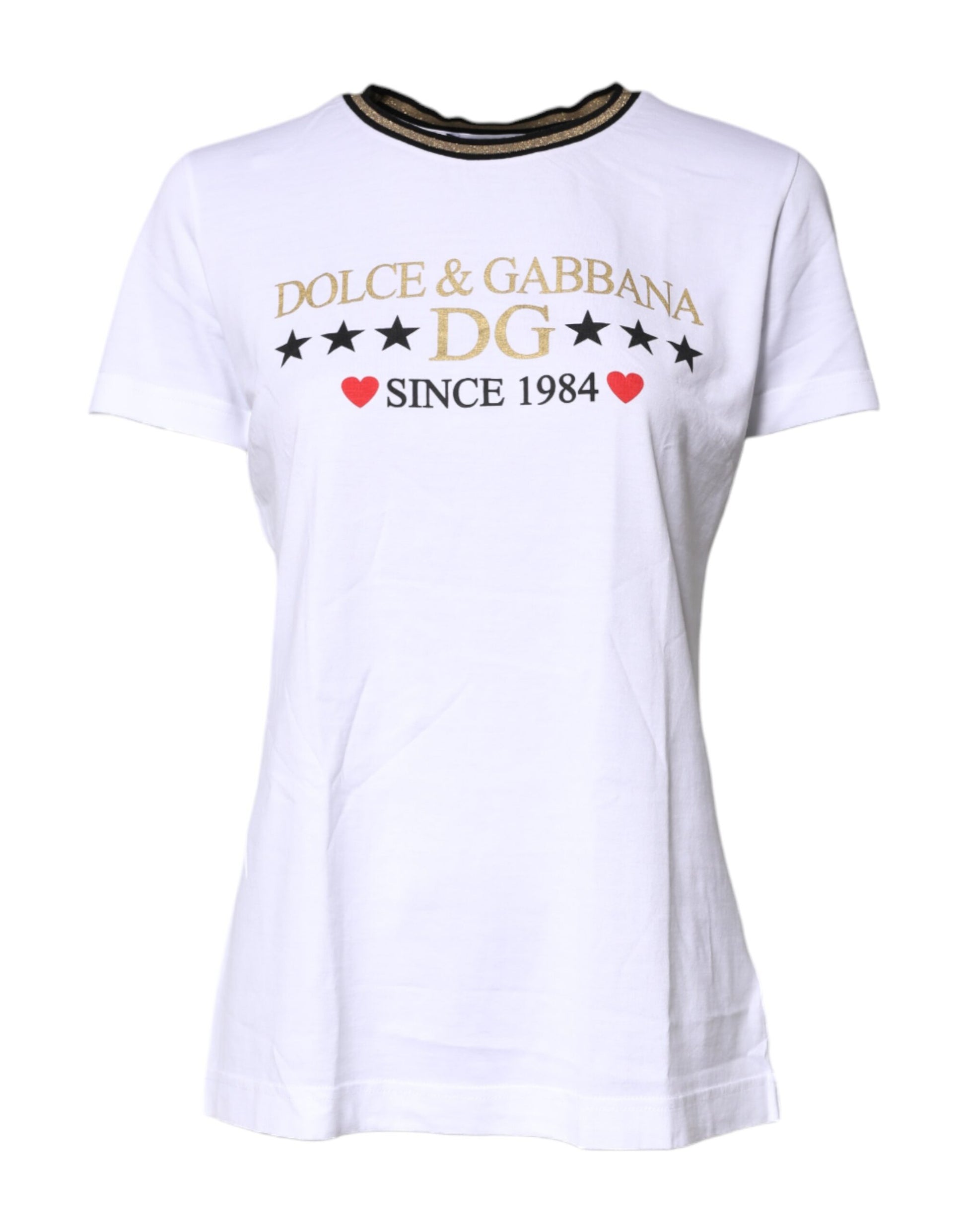 Dolce & Gabbana White Printed Round Neck Cotton T-shirt