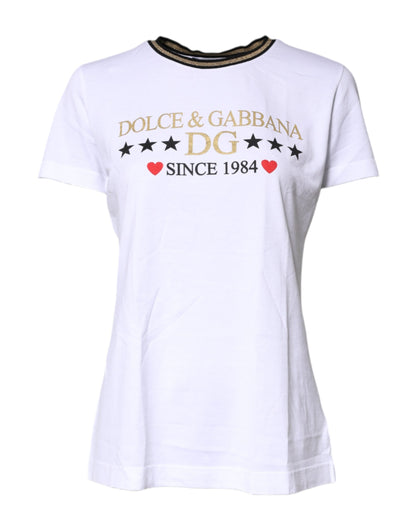 Dolce & Gabbana White Printed Round Neck Cotton T-shirt