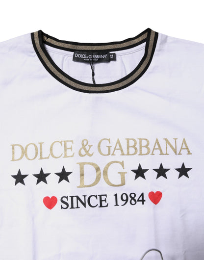 Dolce & Gabbana White Printed Round Neck Cotton T-shirt
