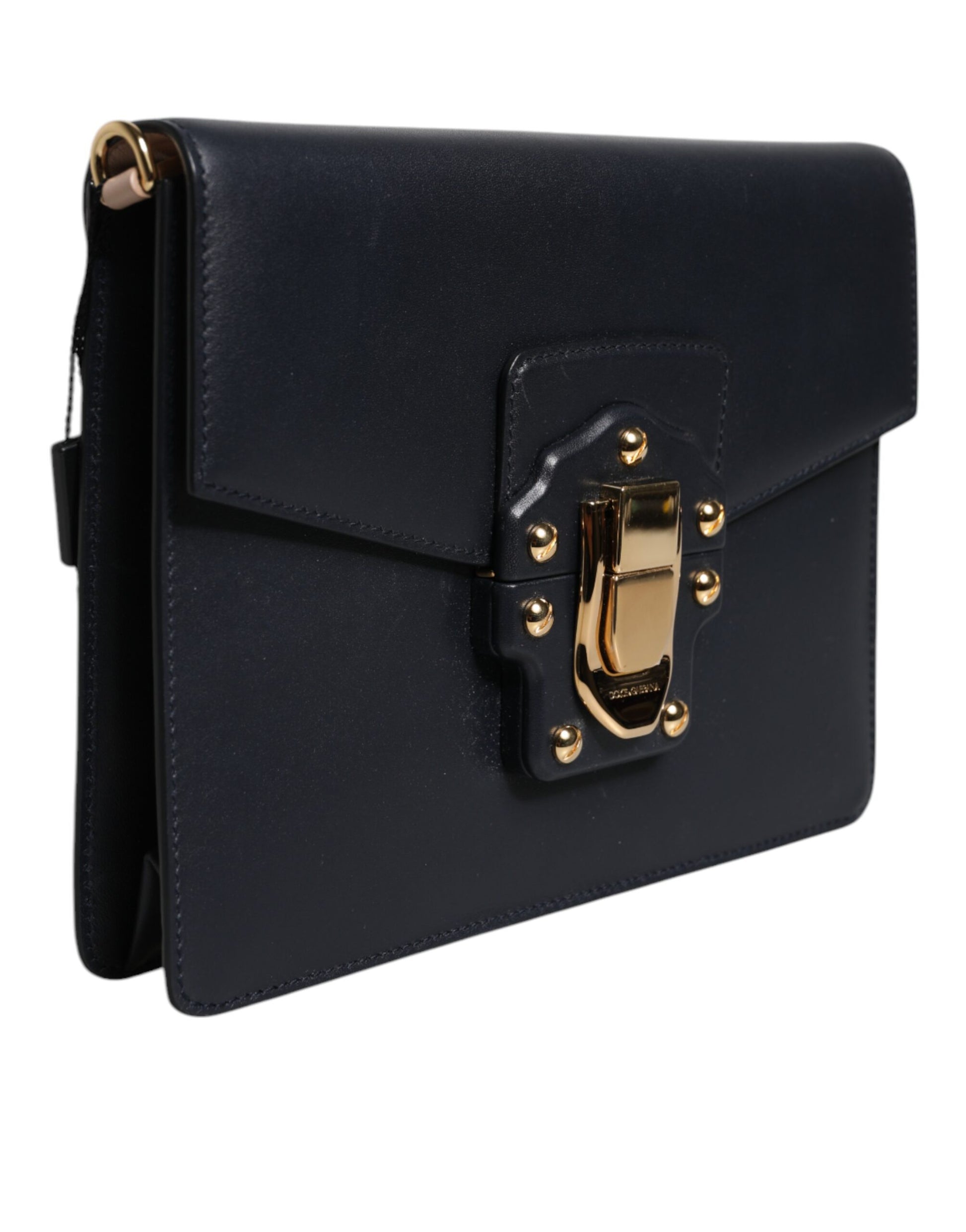 Dolce & Gabbana Black Leather Logo Gold Crossbody Purse Bag