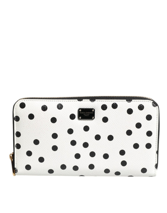 Dolce & Gabbana White & Black Dotted Leather Zip Around Continental Wallet