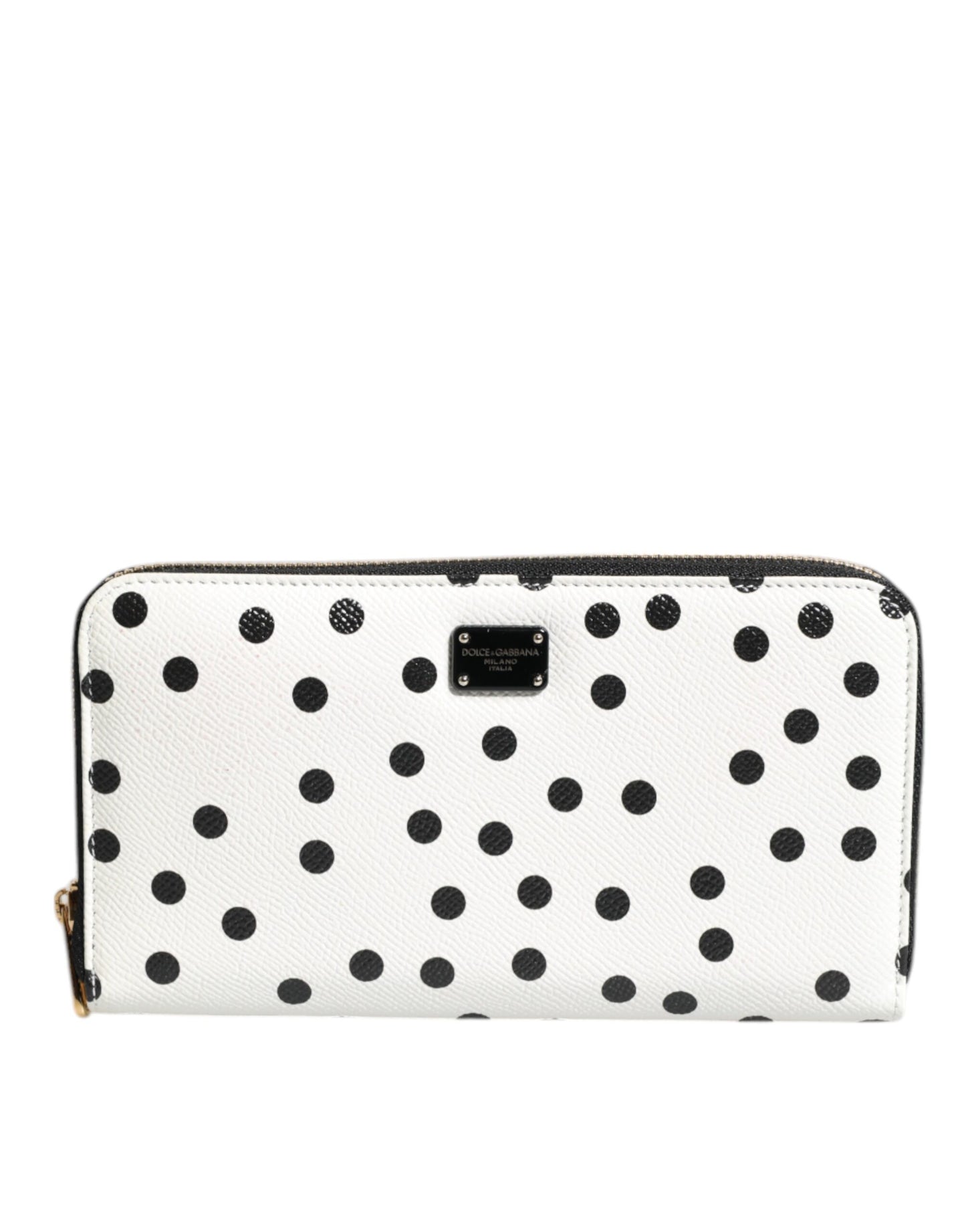 Dolce & Gabbana White & Black Dotted Leather Zip Around Continental Wallet