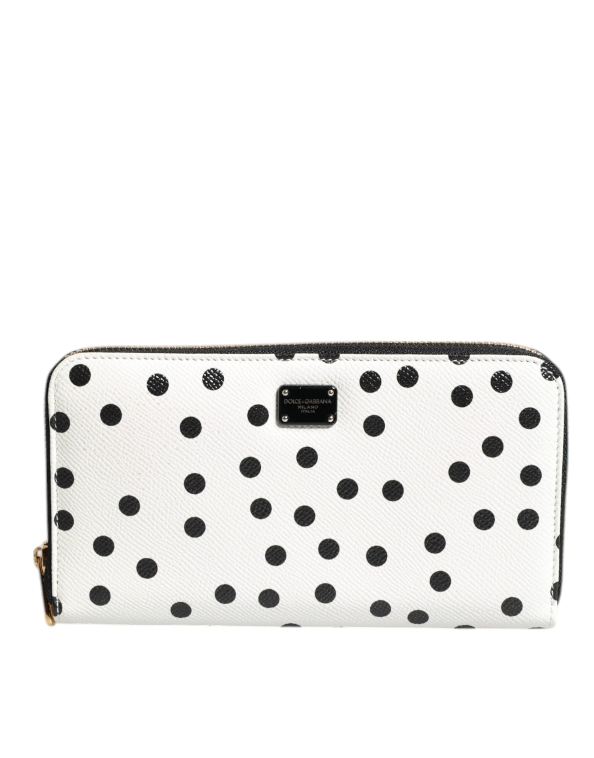 Dolce & Gabbana White & Black Dotted Leather Zip Around Continental Wallet