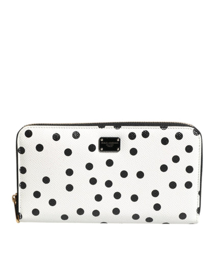 Dolce & Gabbana White & Black Dotted Leather Zip Around Continental Wallet