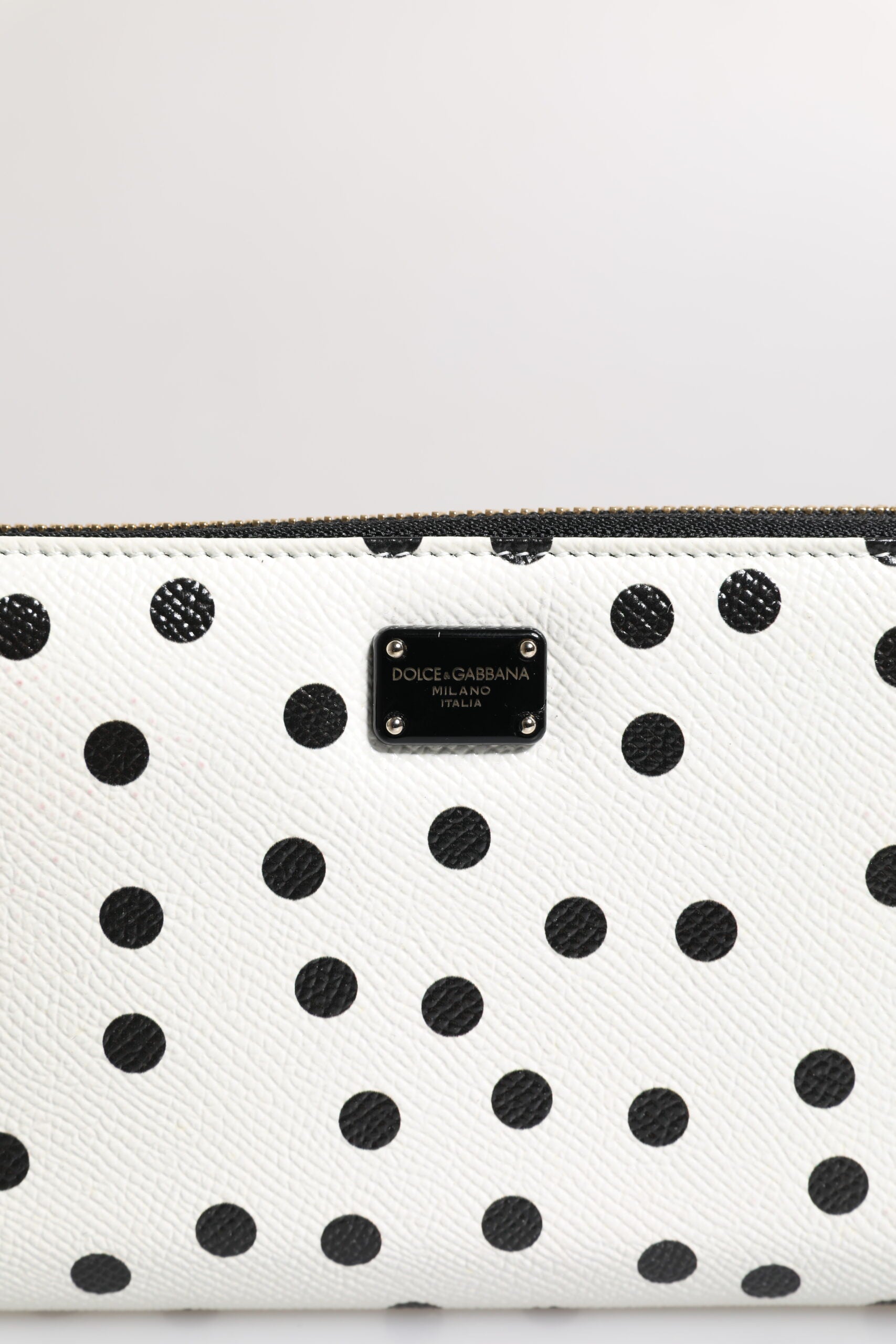 Dolce & Gabbana White & Black Dotted Leather Zip Around Continental Wallet