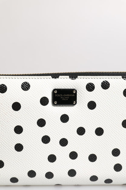 Dolce & Gabbana White & Black Dotted Leather Zip Around Continental Wallet