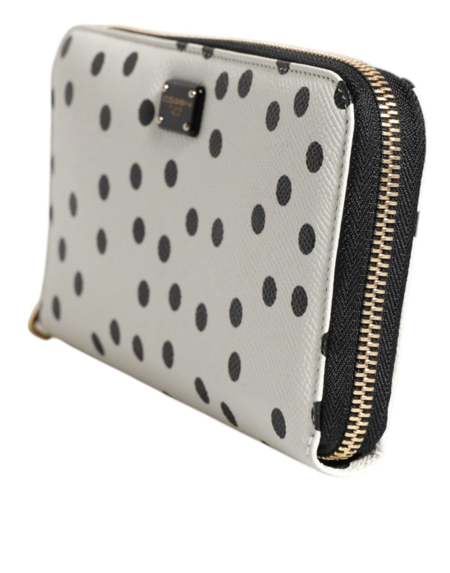 Dolce & Gabbana White & Black Dotted Leather Zip Around Continental Wallet