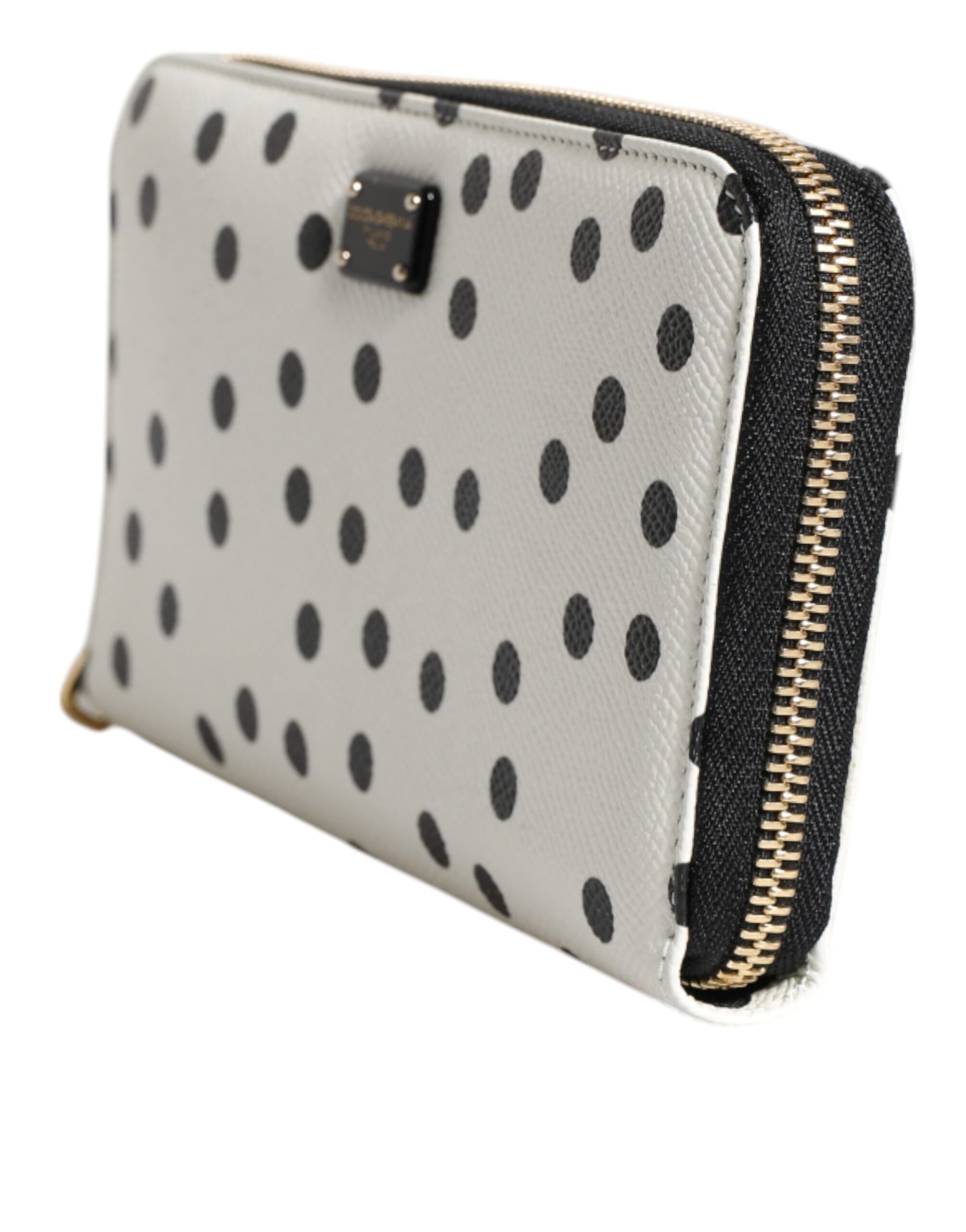 Dolce & Gabbana White & Black Dotted Leather Zip Around Continental Wallet