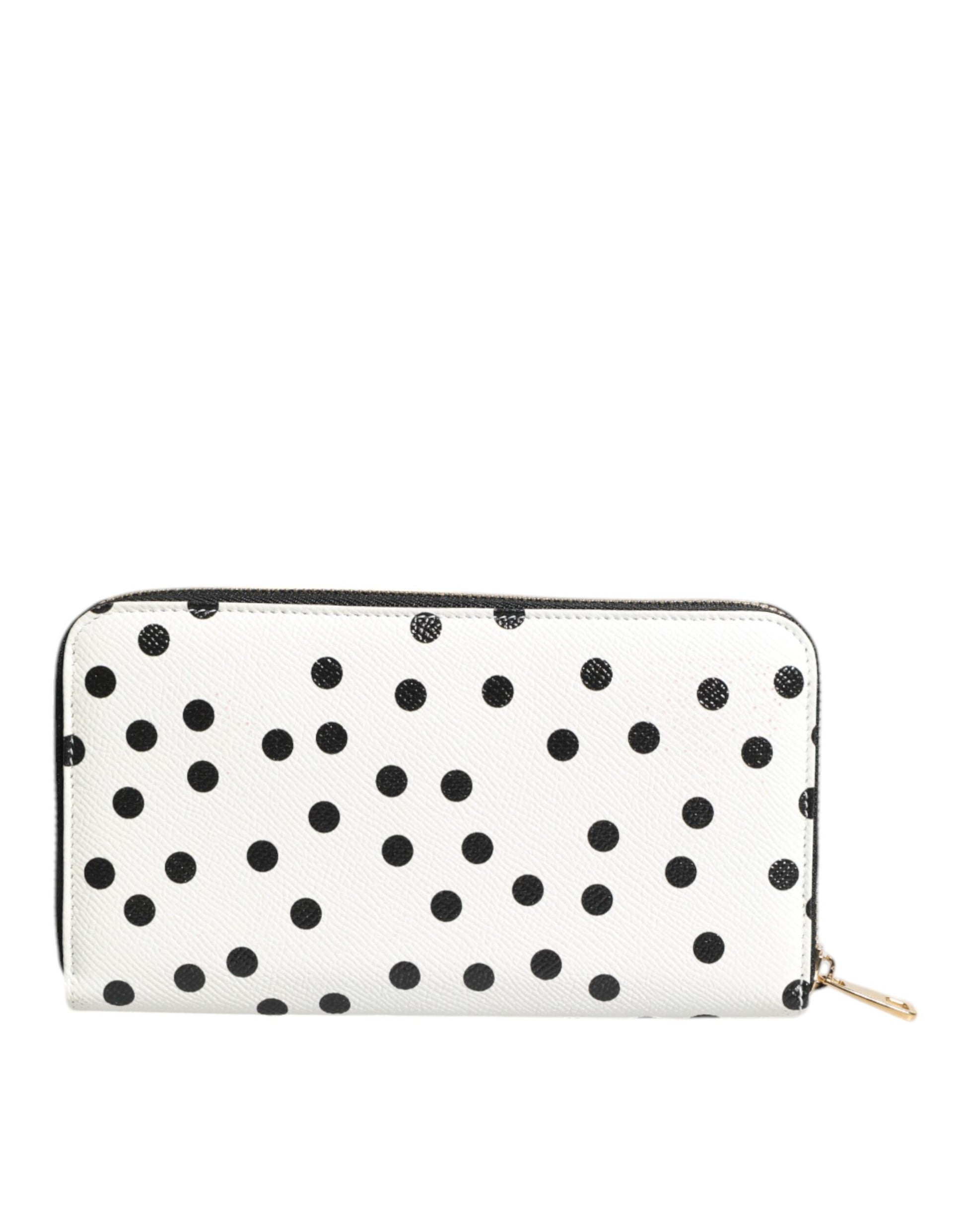 Dolce & Gabbana White & Black Dotted Leather Zip Around Continental Wallet