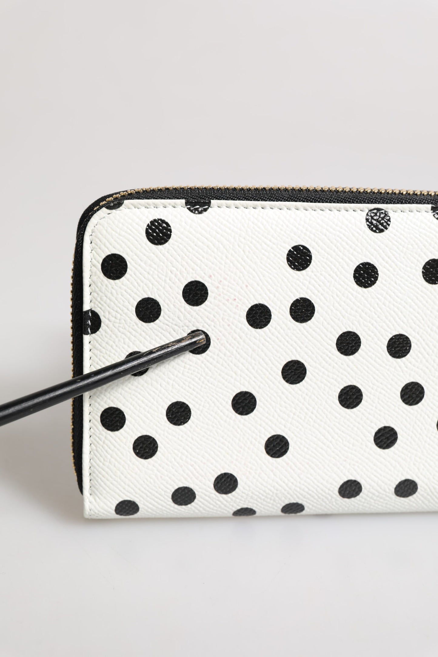 Dolce & Gabbana White & Black Dotted Leather Zip Around Continental Wallet