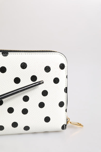 Dolce & Gabbana White & Black Dotted Leather Zip Around Continental Wallet