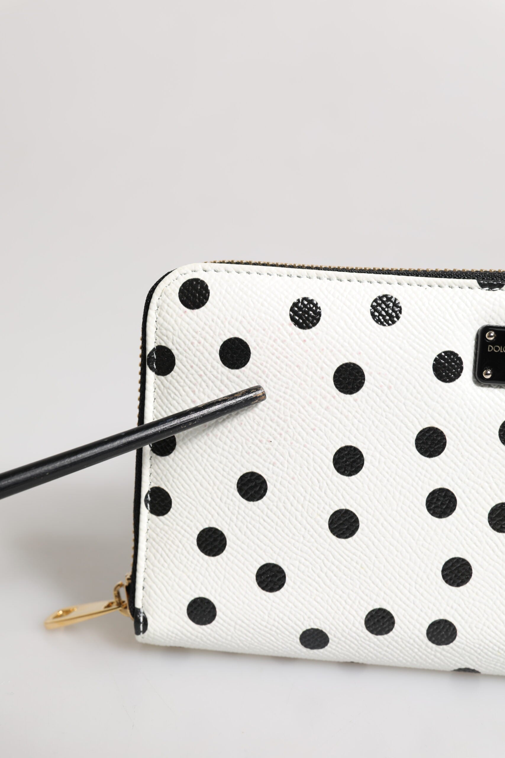 Dolce & Gabbana White & Black Dotted Leather Zip Around Continental Wallet