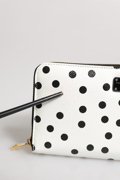 Dolce & Gabbana White & Black Dotted Leather Zip Around Continental Wallet